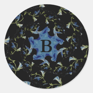 Blue and black Sage fractal art Monogram Classic Round Sticker