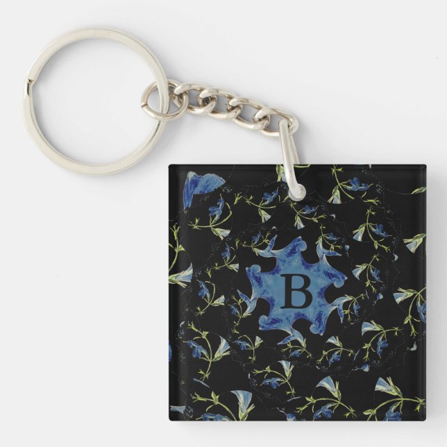 Blue and black Sage fractal art Monogram Key Ring (Front)