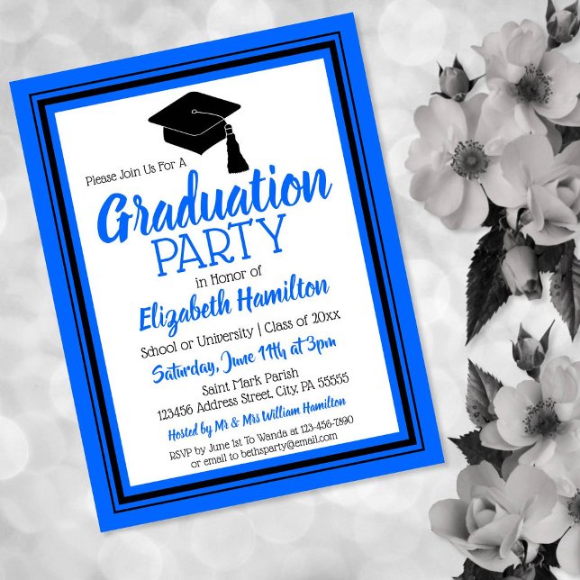 Blue and Black School Colours Grad Party Invitation Postcard (Creator Uploaded)