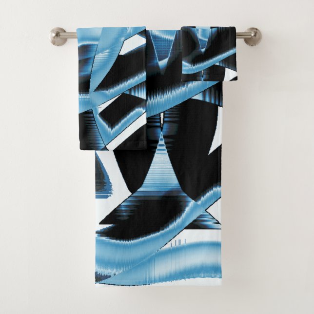 Blue and black scraps or ribbons being destroyed bath towel set (Insitu)