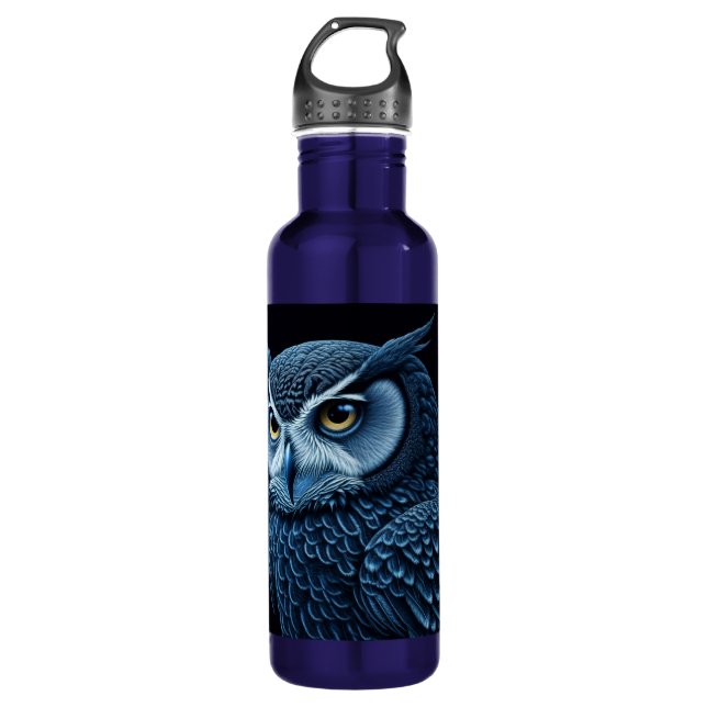 Blue and Black Serious Owl  710 Ml Water Bottle (Front)