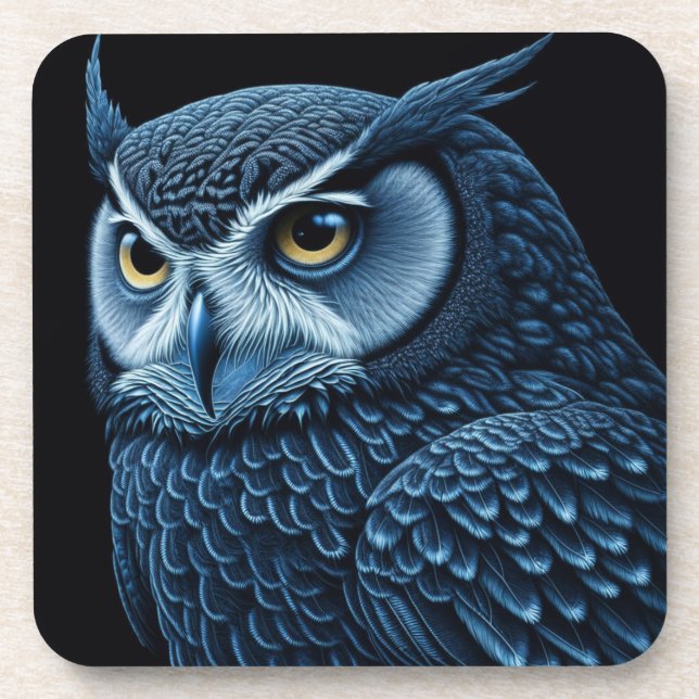 Blue and Black Serious Owl  Coaster (Front)