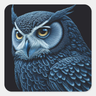 Blue and Black Serious Owl Square Sticker