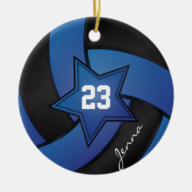 Blue and Black Star Volleyball Ceramic Tree Decoration (Front)
