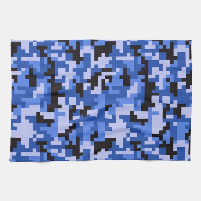 Blue and Black Water Pixel Camo pattern Tea Towel (Horizontal)