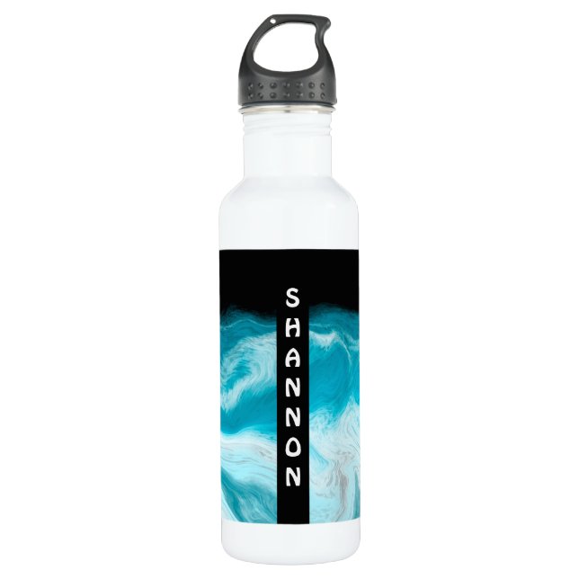 Blue and Black Wave Personalised Marble Fluid Art  710 Ml Water Bottle (Front)
