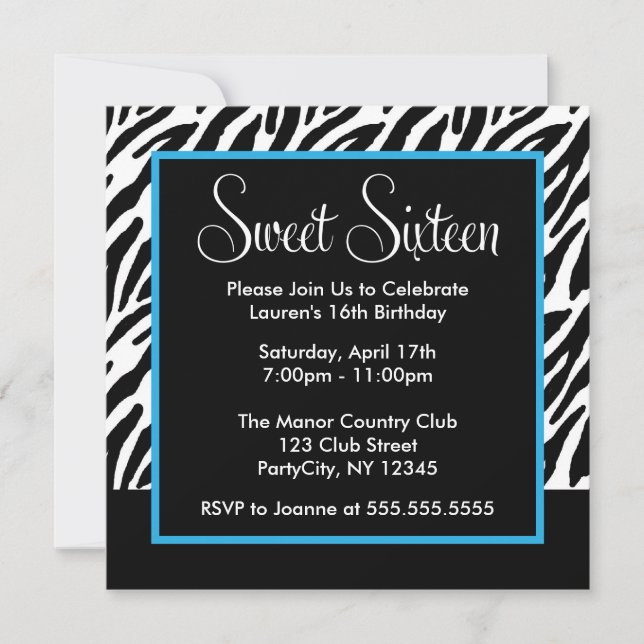 Blue and Black Zebra Print Invitation (Front)