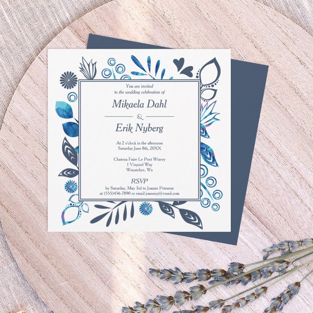 Blue and Blue Grey Leaves Flowers Border Wedding Invitation (navy blue and bright blue floral wedding invitation with decorative, square border frame)