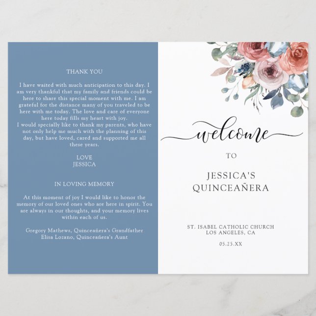 Blue and Blush Floral Quinceanera Program (Front)