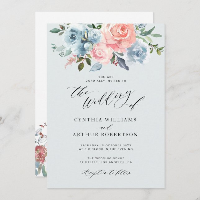 blue and blush floral wedding invitation (Front/Back)