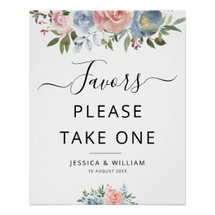 blue and blush flowers Favors sign