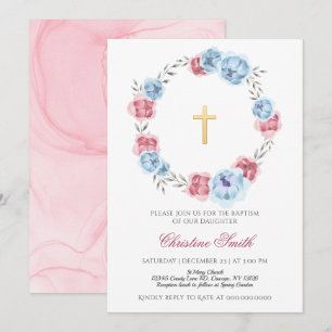 Blue And Blush Pink Floral Girl Boy Baptism Invitation