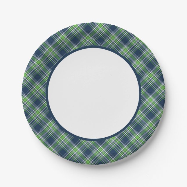 Blue and Bright Green Sporty Plaid Border Paper Plate (Front)