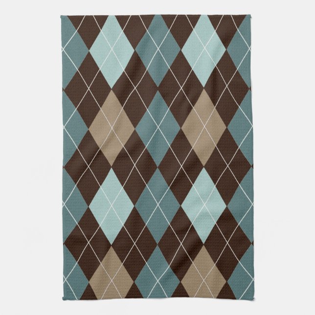 Blue and Brown Argyle Fashion Pattern Tea Towel (Vertical)