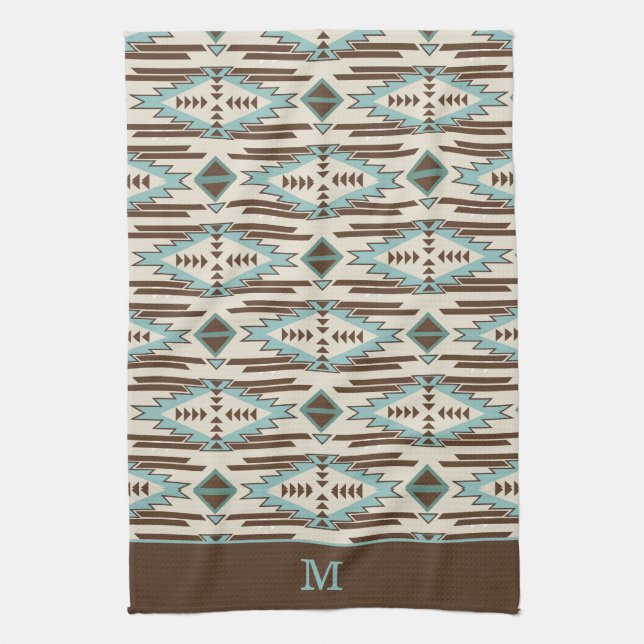 Blue and Brown Aztec Tribal Pattern Monogram Tea Towel (Vertical)