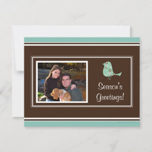 Blue and Brown Birdie Retro Photo Christmas Cards