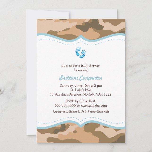 Blue and Brown Camo Baby Shower Invites with feet (Front)