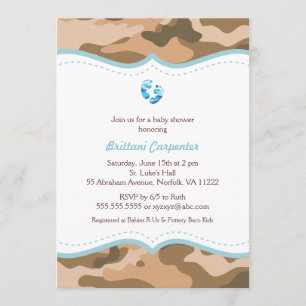 Blue and Brown Camo Baby Shower Invites with feet
