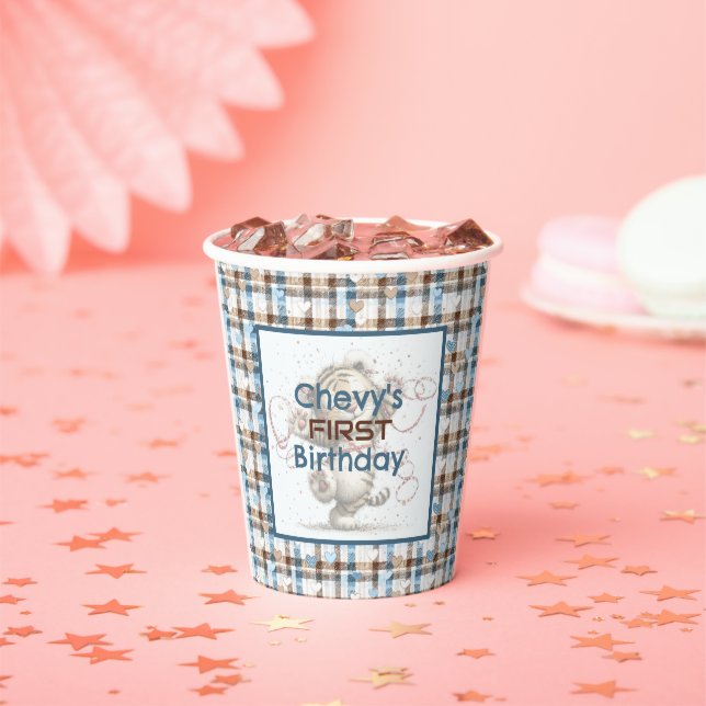 Blue and Brown Chequered Hearts   Paper Cups (Insitu)