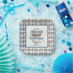 Blue and Brown Chequered Hearts Paper Plate