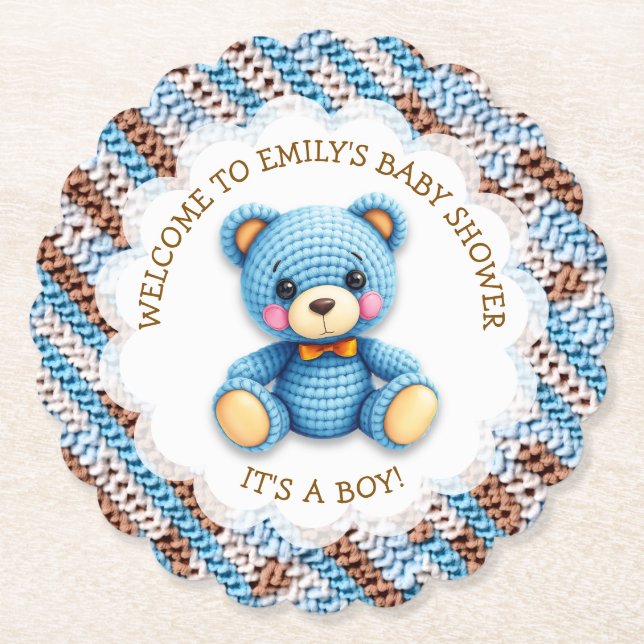 Blue and Brown Crocheted Teddy Bear It's a Boy Paper Coaster (Front)