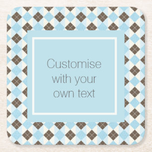 Blue and Brown Custom Text Argyle Pattern Square Paper Coaster
