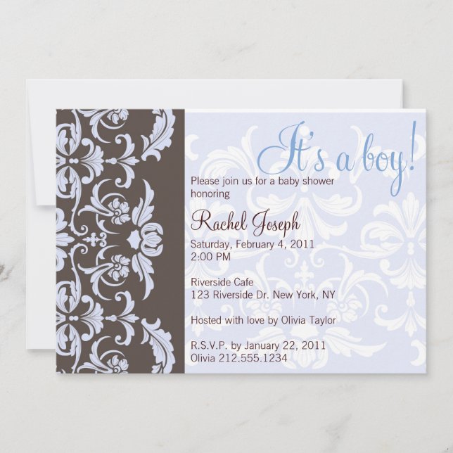 Blue and Brown Damask Baby Shower Invitation (Front)