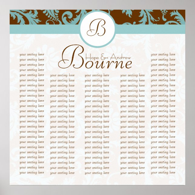 Blue and Brown Damask Seating Chart for Reception (Front)