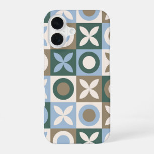 Blue and Brown Geometric Tile Mosaic Pattern iPhone 16 Case