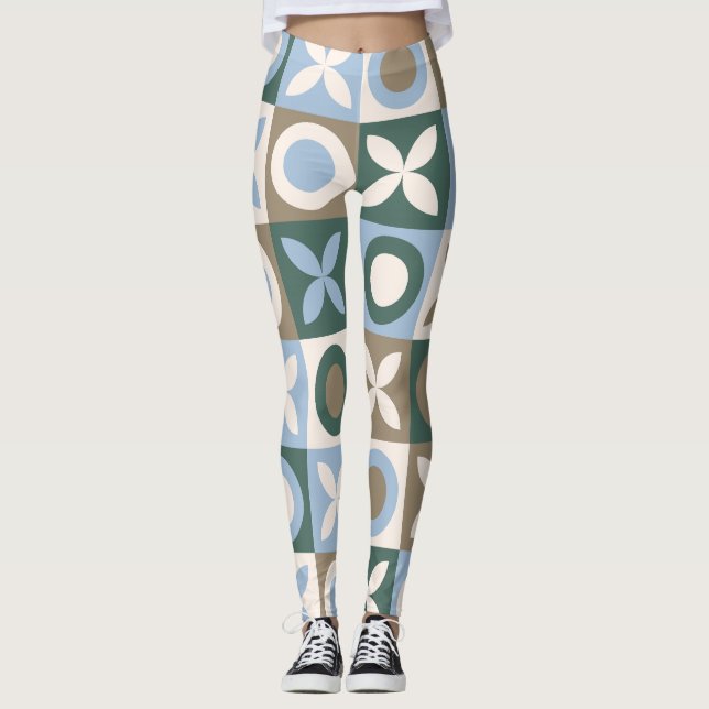Blue and Brown Geometric Tile Mosaic Pattern Leggings (Front)
