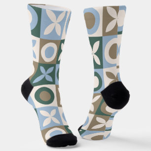 Blue and Brown Geometric Tile Mosaic Pattern Socks