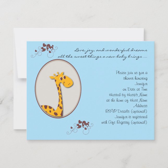 Blue and Brown Giraffe Baby Shower Invitation (Front)