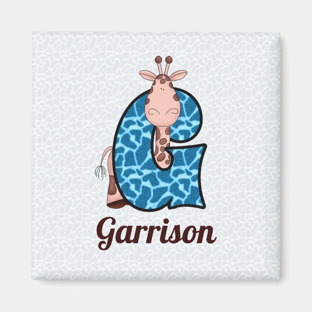 Blue and Brown Giraffe Monogram G Childrens Magnet (Front)