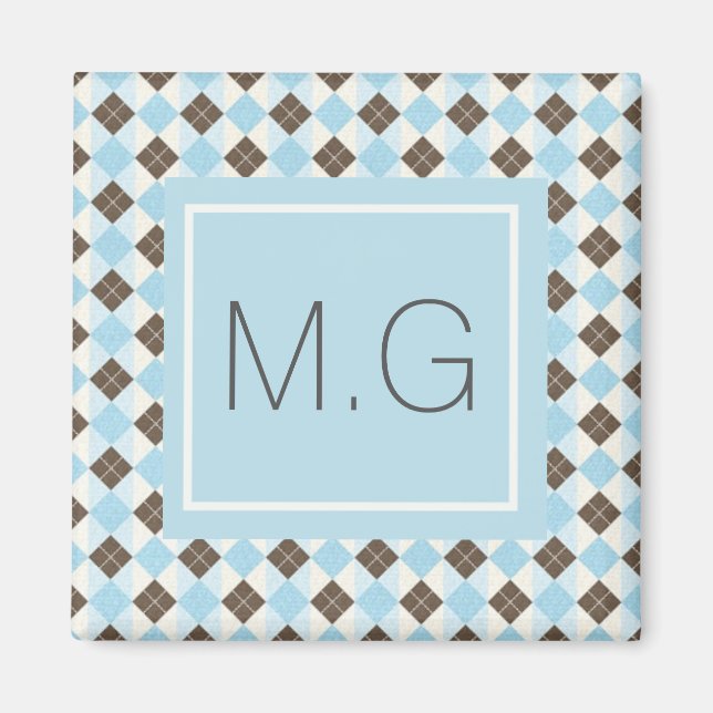 Blue and Brown Personalised Argyle Pattern Magnet (Front)