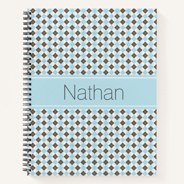 Blue and Brown Personalised Argyle Pattern Notebook (Front)