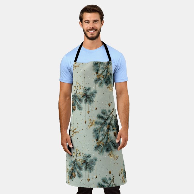 Blue and Brown Pinecone Winter Pattern Apron (Worn)