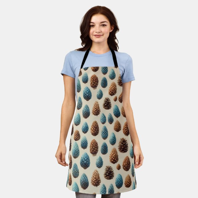Blue and Brown Pinecone Winter Pattern Apron (Worn)