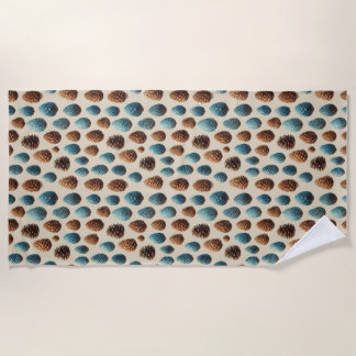 Blue and Brown Pinecone Winter Pattern Beach Towel
