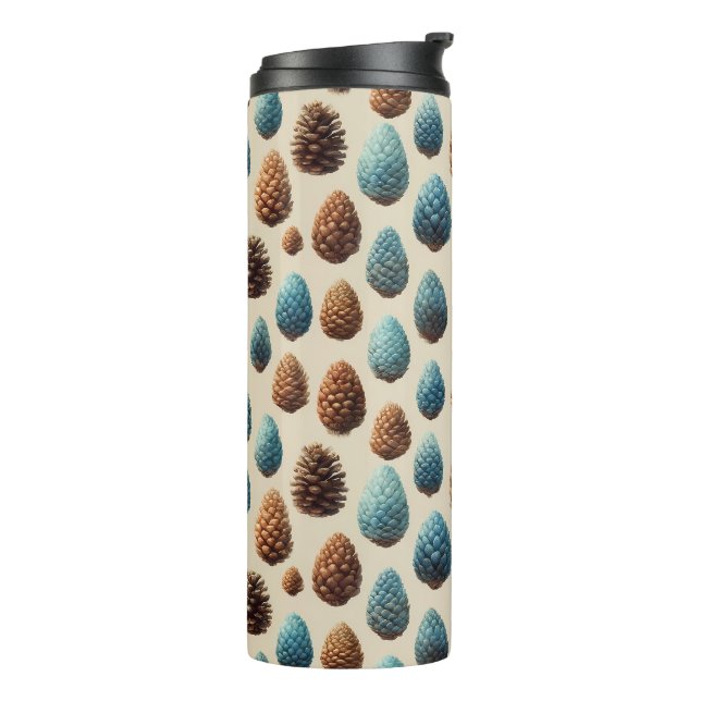 Blue and Brown Pinecone Winter Pattern Thermal Tumbler (Rotated Left)