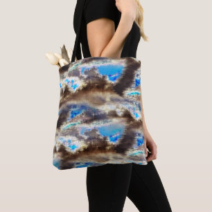 Blue and brown stained texture in a rough woody tote bag