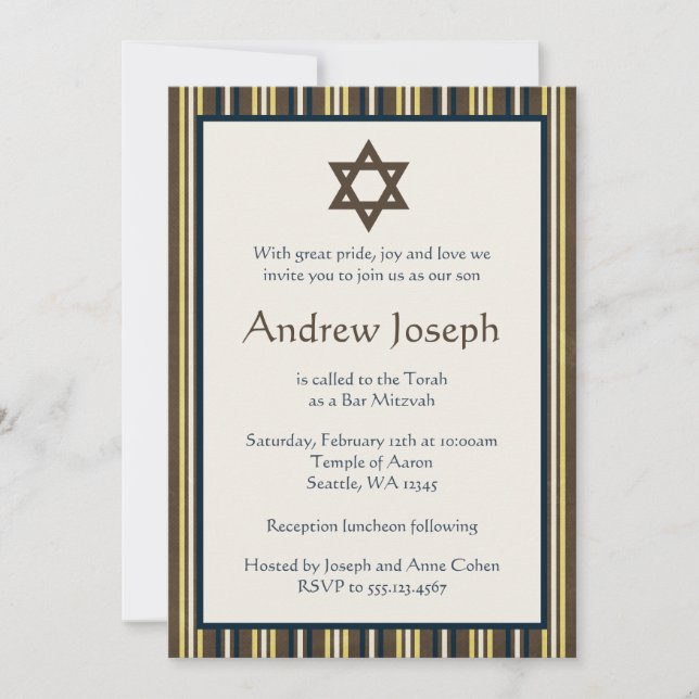 Blue and Brown Stripes Bar Mitzvah Invitation (Front)