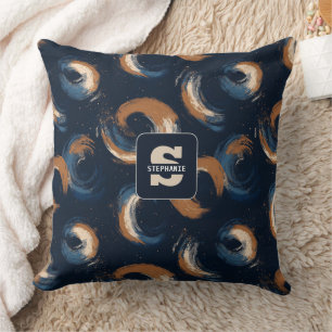 Blue and Brown Swirl Circle on Dark Background Cushion