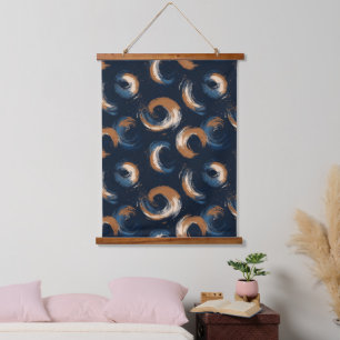 Blue and Brown Swirl Circle on Dark Background Hanging Tapestry