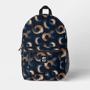 Blue and Brown Swirl Circle on Dark Background Printed Backpack