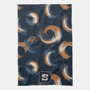 Blue and Brown Swirl Circle on Dark Background Tea Towel