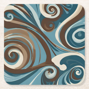 Blue and Brown Swirl Square Paper Coaster