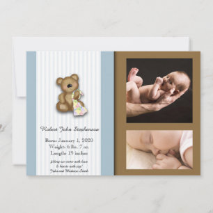 Blue and Brown Teddy Bear Photo Baby Announcement