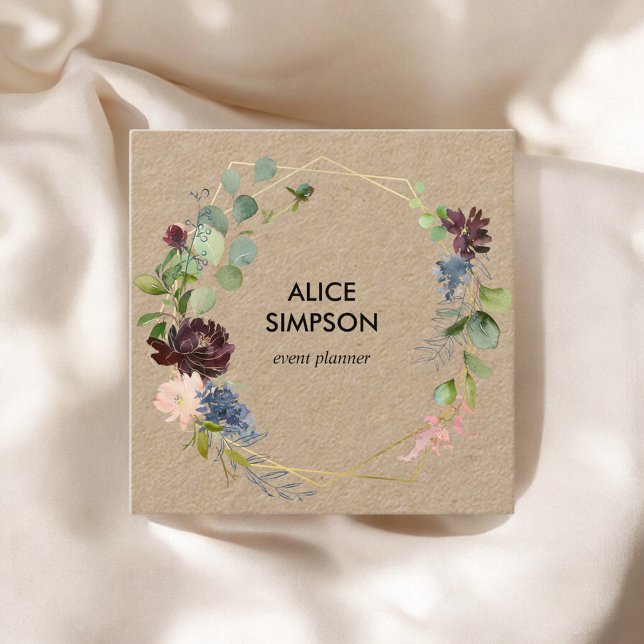 Blue and Burgundy Floral Geometric Kraft Square Business Card (Creator Uploaded)