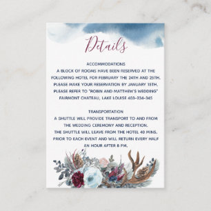 Blue and Burgundy Floral Wedding Details Reception Enclosure Card