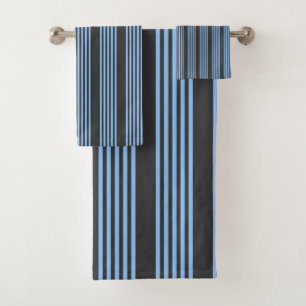 Blue and charcoal five stripe pattern bath towel set